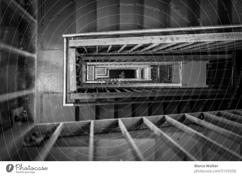 Staircase from top to bottom Staircase (Hallway) Stairs Banister Interior shot Deserted Architecture House (Residential Structure) Building Black & white photo