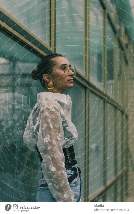 Girl in the greenhouse with glasses Woman Adults Young woman European Face Glass Window Model Greenhouse line Perspective Looking thoughtfully Blouse White