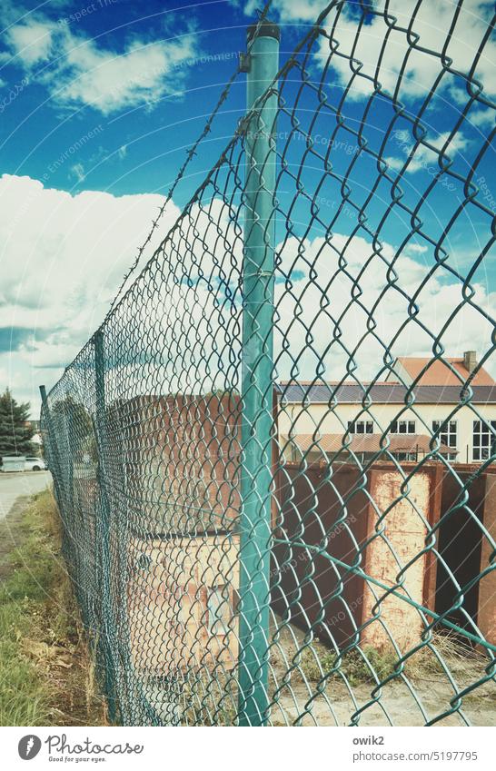 OUTSIDE. Fence Wire netting fence Barrier Border Metal Wire fence Safety Protection Deserted Colour photo Bans Captured Exterior shot Barbed wire Detail