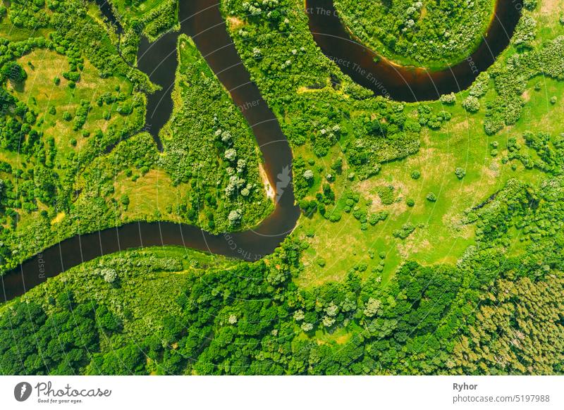 Aerial View Of Summer Curved River Landscape In Sunny Summer Day. Top View Of Beautiful European Nature From High Attitude In Summer Season. Drone View. Bird's Eye View.