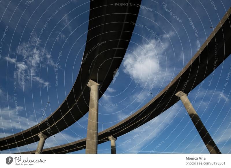 Double viaduct of a highway and blue sky. View of the viaduct of the AP9 motorway in Teis, Vigo. pontevedra road Pontevedra column Highway Column Bridge