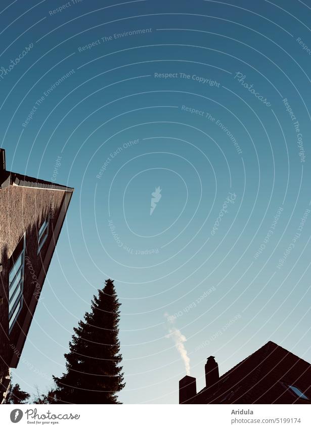 white chimney smoke rises into the blue sky Chimney Smoke Sky Fir tree house gables House (Residential Structure) Sun Light Shadow Blue sky view into the sky