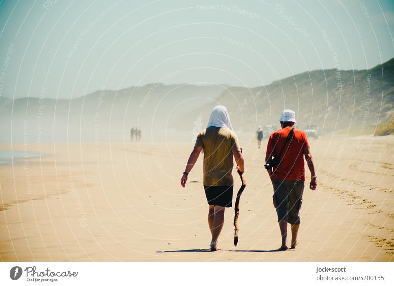 walk along and meet at Ocean Beach men Young man Senior citizen Man Going Rear view To go for a walk Lanes & trails Haze Landscape Vacation & Travel coast