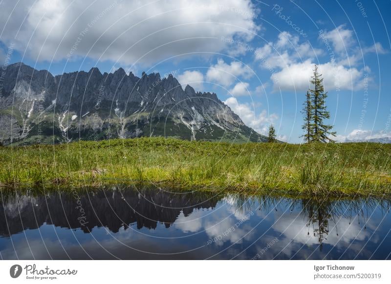 Mountain pond with Wilder Kaiser range reflecting in water pond, Tirol - Austria tirol austria kaiser wilder mountains trail landscape ellmau europe sky summer