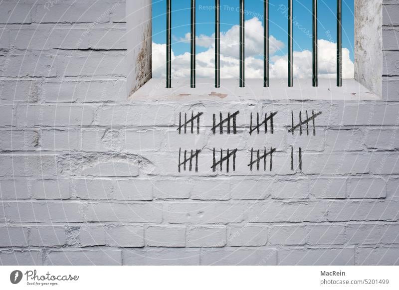 Count days in prison jail Grating Haft Jail sentence count days segregated Dungeon Wall (barrier) Lonely White Sky Calculation frowzy lines Chalk cell