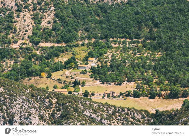 Verdon, France. Beautiful landscape of the Gorges Du Verdon in south-eastern France. Provence-Alpes-Cote d'Azur. Old house and garden in mountain valley