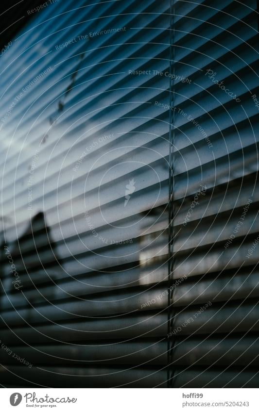 Reflection of office building in window pane in front of closed blinds reflection Venetian blinds Glass Screening Closed Window Shadow Roller shutter Light