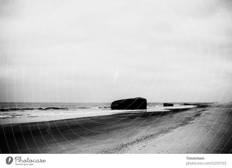 Relics on Danish North Sea coast Dugout Concrete Ruins War Past Sand Beach Water Waves Sky Clouds Denmark Black & white photo Moody Gloomy