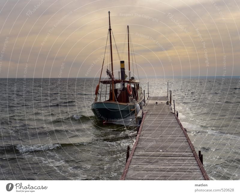 sloop Landscape Water Sky Clouds Horizon Sunrise Sunset Autumn Bad weather Waves Coast Ocean Navigation Steamer Yacht Rope Blue Brown Gray Footbridge moored