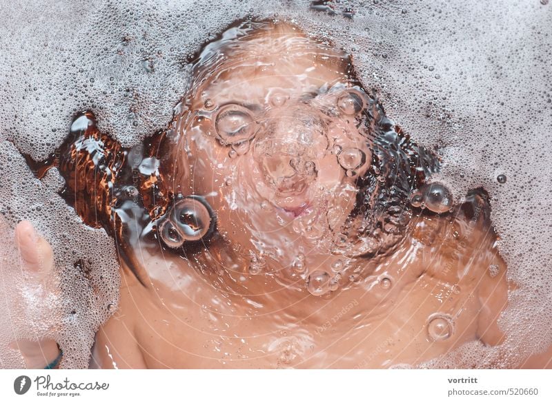 Submerged Swimming & Bathing Bathroom Feminine Child 1 Human being Water Breathe Brown Whimsical Air bubble Distorted Foam Soap Bathtub Reflection