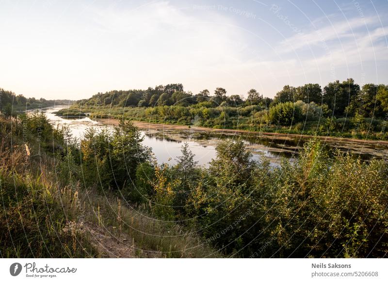 Landscape with the image of the river in the evening light. Saka river, Latvia autumn background beautiful beauty bushes calm coast country countryside deep