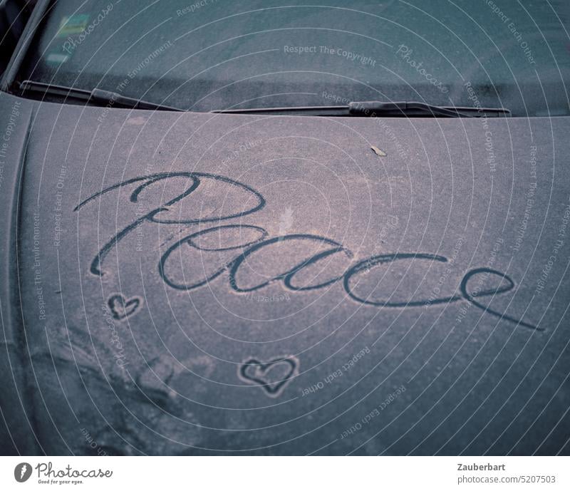 Inscription Peace - Peace with hearts in hoarfrost on a hood in morning light peace writing cursive Heart Hoar frost Car Hood Light War Sign Ukraine Russia