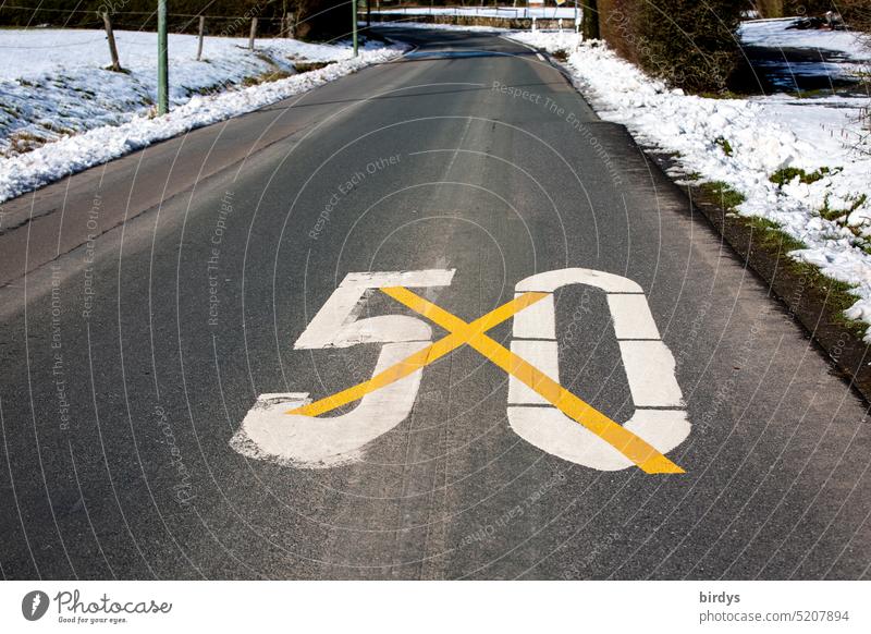 crossed out color lane marking speed 50 Speed 50 urban Lane markings Street Asphalt speed limit Safety tempo car traffic Traffic lane Road safety Road traffic