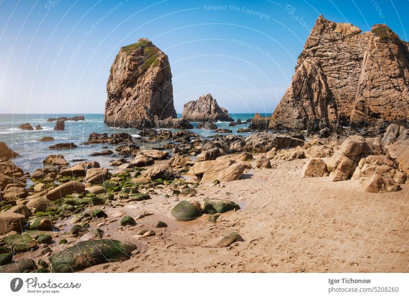 Rocks at Ursa beach, Sintra, Portugal. Epic sea stack towering at atlantic ocean coast lit by evening warm light ursa portugal travel vacation seascape sintra