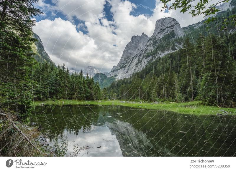 Gosau lake and Dachstein summit mountain range and visible glacier ice during summertime, Upper-Austria, Europe dachstein landscape austria europe travel nature