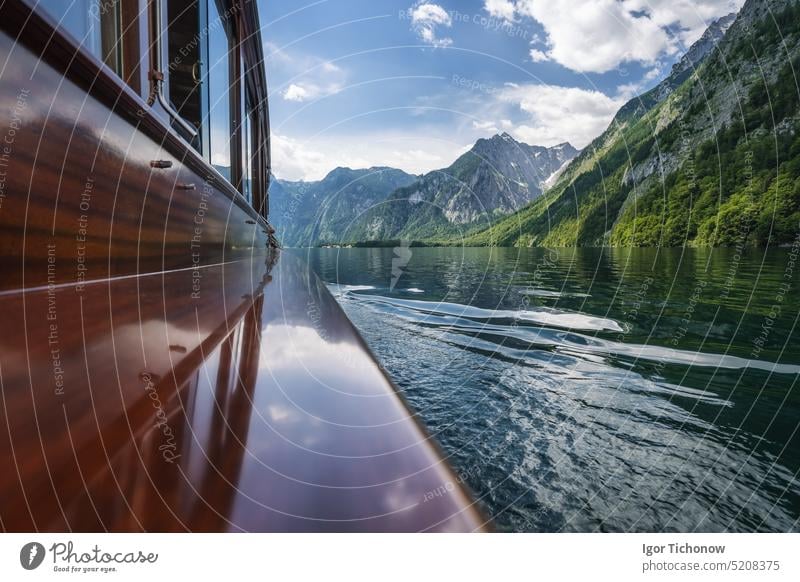 View from a Sailing boat at Lake Koenigssee in Bavaria, Germany lake view bavaria germany mountain mountains nature outdoor scenery sky knigssee summer tourism