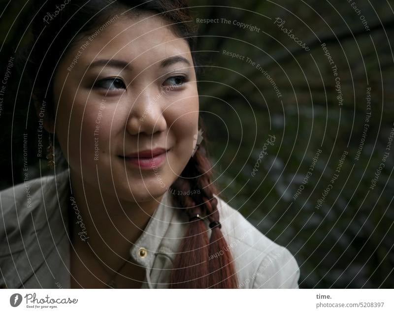 Woman with double braid portrait Feminine Emotions Modest Calm Patient Serene Attentive Watchfulness Trust Contentment Safety (feeling of) Warmth pretty Happy