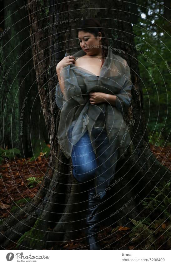 Woman in forest with cloth portrait Feminine Calm Patient Serene Attentive Watchfulness pretty Pride Braids Red-haired Black-haired Ajar Tree Long-haired Forest