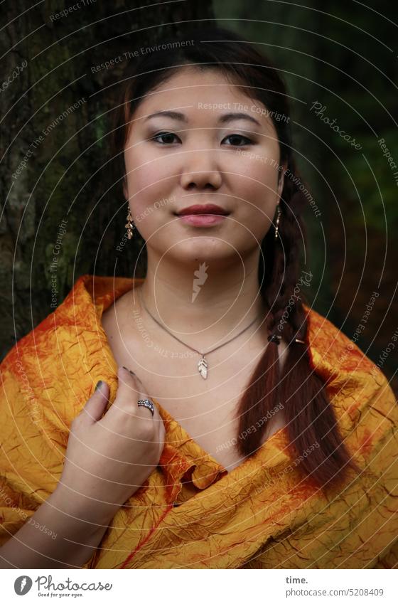 Woman in sari portrait Cloth Rag Sari Jewellery look ahead Close-up Forest Long-haired Observe Braids Red-haired Black-haired Pride pretty Watchfulness