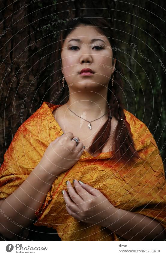 Woman in sari portrait Feminine Calm Patient Serene Attentive Watchfulness pretty Pride Observe Braids Red-haired Black-haired Long-haired Forest Close-up