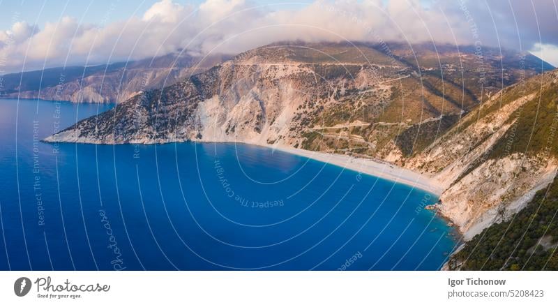 Myrtos beach with blue bay on Kefalonia Island, Greece myrtos drone greece sea aerial Yacht Luxury view ionian kefalonia landscape travel idyllic sunset