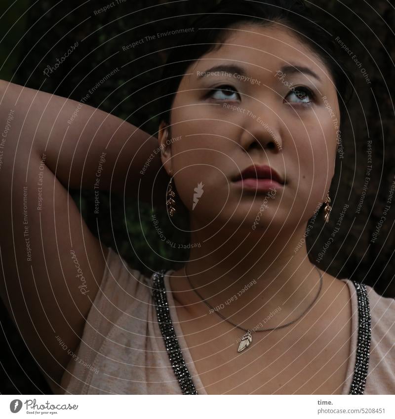 Woman with necklace Feminine Necklace Upward Dress Summer Dim Dark-haired Jewellery Skeptical Expectation