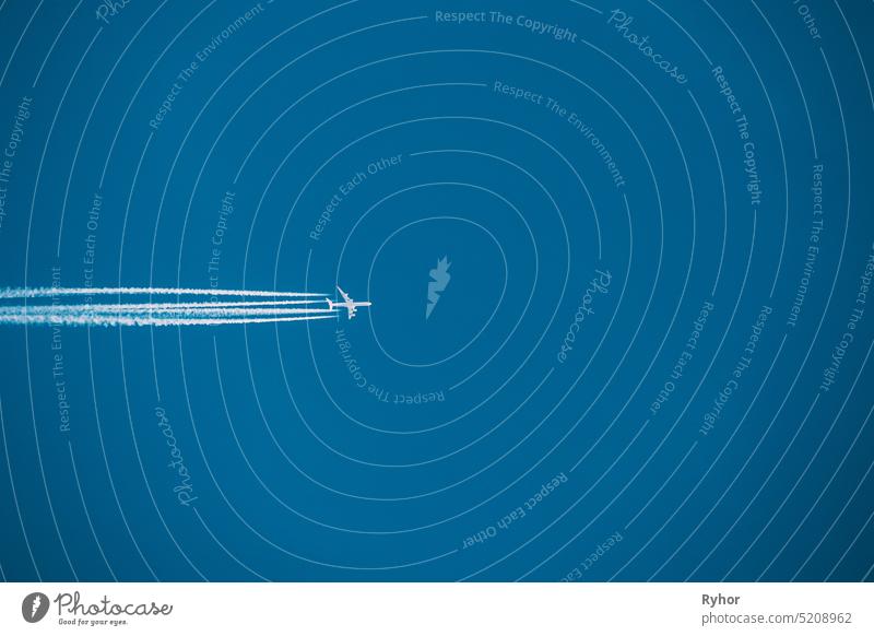 Airplane In The Sky With Plane Trails sky airplane smoke flight journey fly transport fuel transportation nobody line trail pollution contrail aircraft high