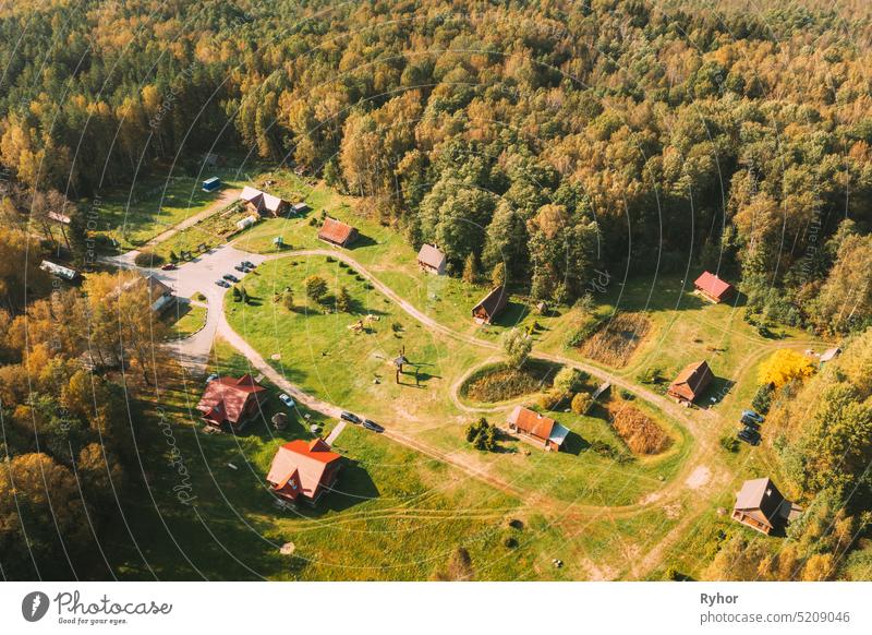 Belarus, Berezinsky Biosphere Reserve. Bird's-eye View Of Guest House Nivki In Autumn Sunny Day europe belarus tourism travel landmark landscape nature