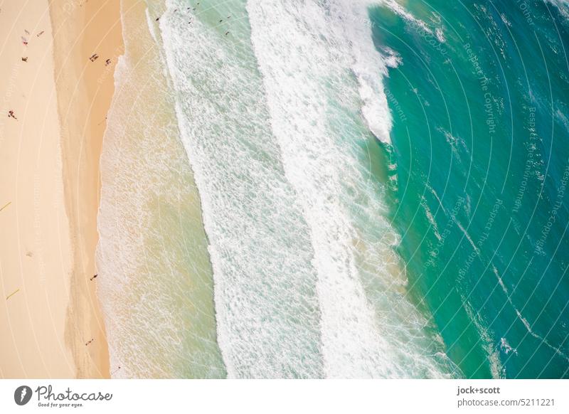 Day by the sea with surf on pacific beach South Pacific Pacific Ocean Beach Nature surf zone Crushing zone Run-off zone Bird's-eye view Waves Landscape Summer