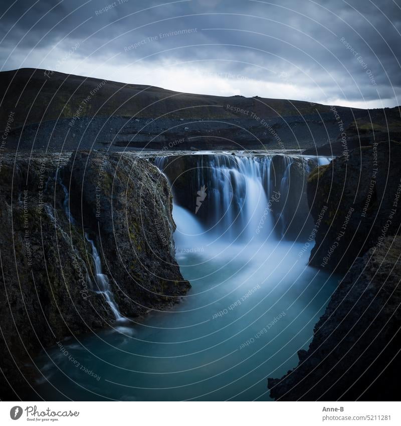 Sigöldufoss a rather remote waterfall in Iceland's highlands Waterfall Turquoise F 208 River course Falling water Landscape Nature Basalt Rock stone