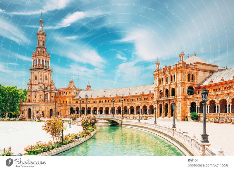 Seville, Spain. Canal Promenade Around Famous Landmark - The Plaza De Espana In Seville, Andalusia, Spain. Renaissance Revival Style. Spain Square europe