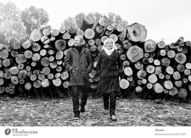 inseparable Style Female senior Woman Male senior Man Couple Partner 2 Human being 45 - 60 years Adults Cloudless sky Autumn Beautiful weather Bushes Tree trunk