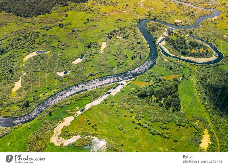 Aerial View Green Forest Woods And River Landscape In Sunny Spring Summer Day. Top View Of Beautiful European Nature From High Attitude In Autumn Season. Drone View. Bird's Eye View