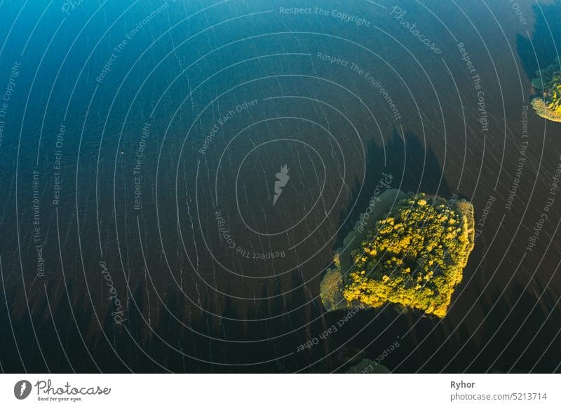 Lyepyel, Lepel Lake, Beloozerny District, Vitebsk Region. Aerial View Of Island On Lepel Lake In Autumn Morning. Morning Fog Over Lepel Lake. Top View Of European Nature From High Attitude In Autumn. Bird's Eye View. Flat View