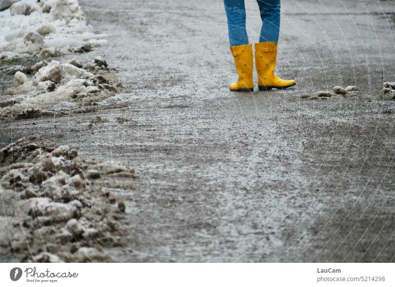 waiting for spring Rubber boots Snow mud Spring Winter Weather Seasons Wet Bad weather Rain Yellow yellow rubber boots Puddle Filthy weather Shifty weather