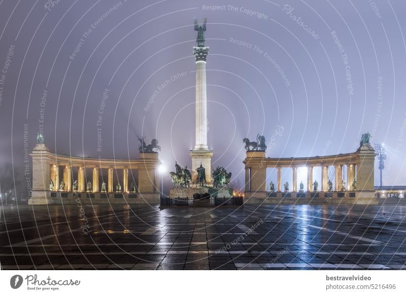 Budapest, Hungary illuminated night view of Heroes Square, Hosok Tere, with Millennium Monument and statues of the leaders of 7 tribes who founded the country.