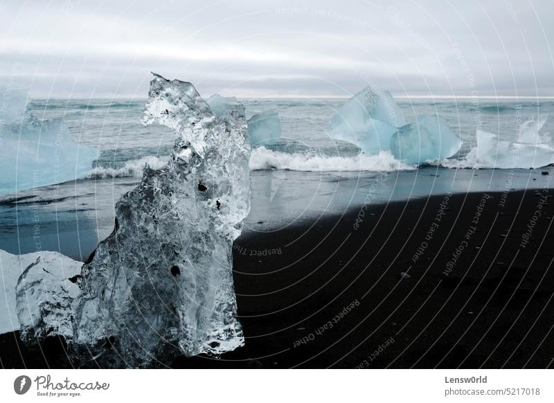 Blocks of glacial ice washed ashore at Diamond Beach, Iceland beach black beach black sand blue climate climate change cold diamond beach frozen iceberg iceland