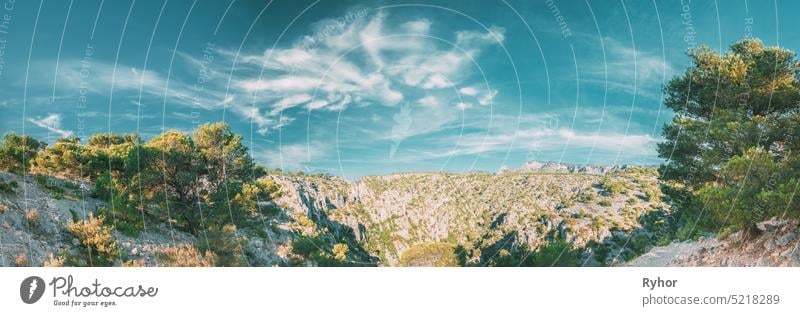 Calanques, Cote de Azur, France. Beautiful nature of Calanques on the azure coast of France. Calanques - a deep bay surrounded by high cliffs. Landscape in sunrise light during Sunny summer morning