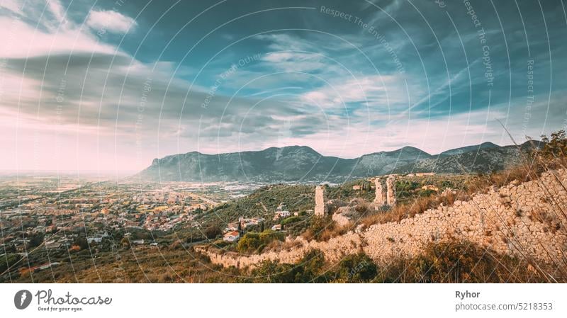 Terracina, Italy. Top View Of Old Roman Fortress Wall With Towers heritage province of Latina copy space travel fortress famous summer cityscape mountain italy