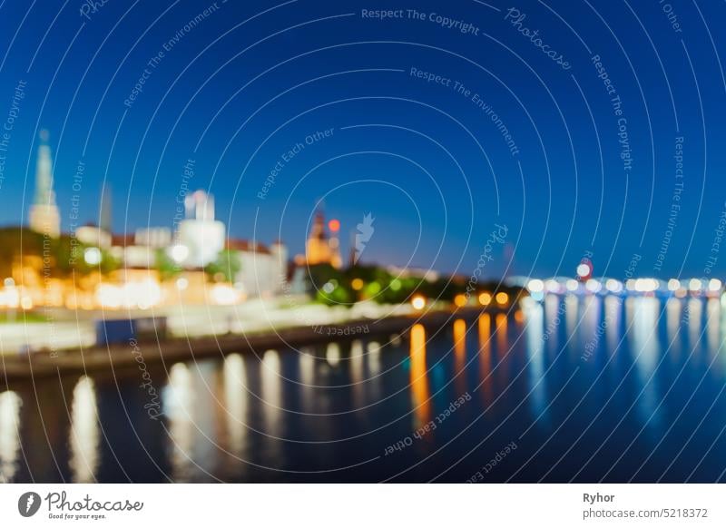 Riga, Latvia. Night Abstract Boke Bokeh Background Effect. Design Backdrop. Dome Cathedral In Evening historical town old bokeh illumination bright blur popular