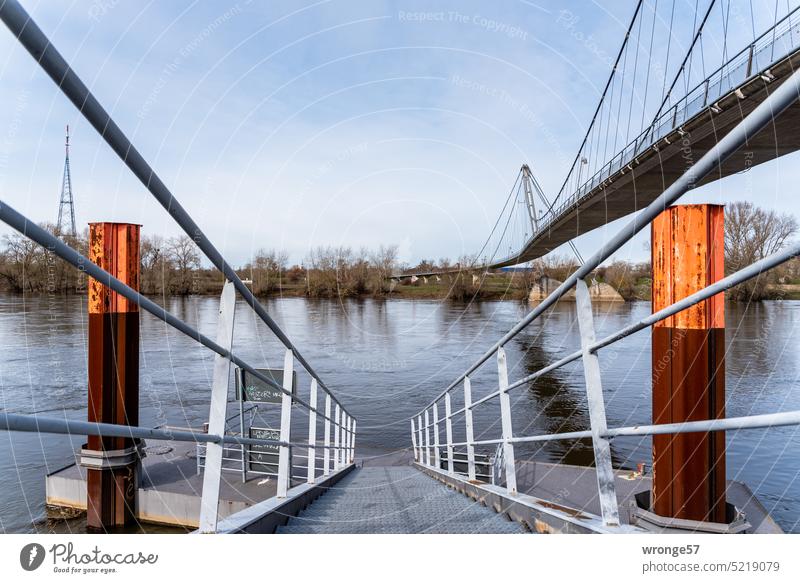 Ship jetty on the Elbe near Magdeburg Landing stage Magdeburg Herrenkrug pedestrian bridge Long Lake DAB transmission tower High water jetty Navigation Jetty