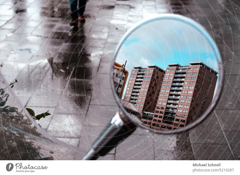 Skyscrapers in the mirror of a scooter skyscrapers High-rise Town Architecture Building City Skyline urban Downtown cityscape Vacation & Travel reflection