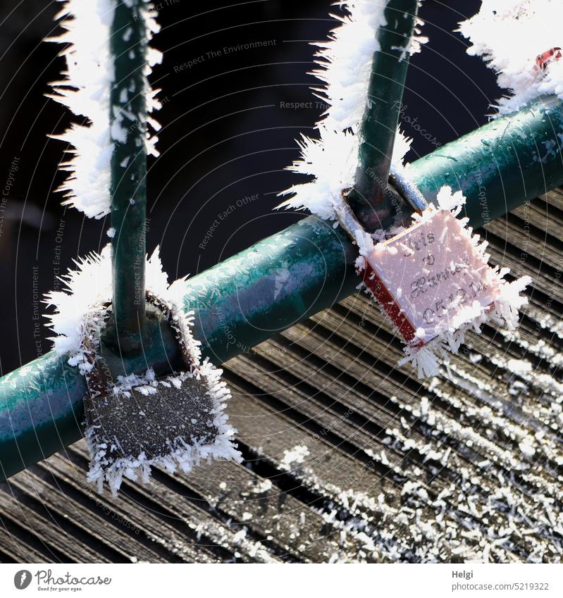 ice cold love - two love locks on a metal railing, all set with exceptionally long hoarfrost prongs Lock Love padlock Metal railings Hoar frost Frost Winter