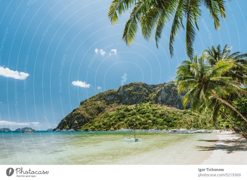 Palm trees and beautiful scenery of Corong Corong beach with traditional boats, mountain and blue sky in El Nido, Palawan island, Philippines travel corong