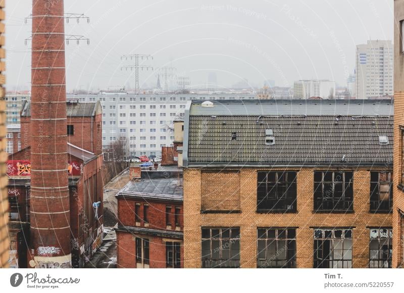 View from an old factory in Berlin Lichtenberg Prefab construction Television tower Factory Ruin Architecture House (Residential Structure) Building Town Sky