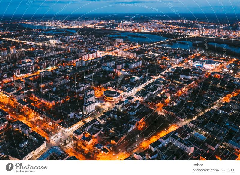 Brest, Belarus. Aerial Bird's-eye View Of Brest Cityscape Skyline. Night Bird's-eye View Of Belarus Cinema And Pedestrian Sovietskaya Street europe belarus