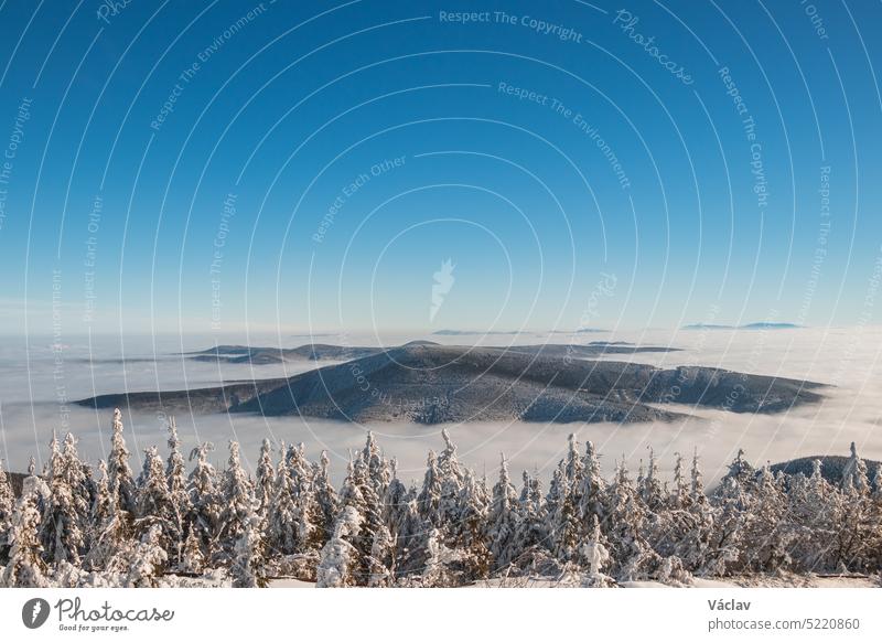 Mountainsides of the Beskydy region in the Czech Republic are sinking into a thick white inversion rising from the cities. Winter fairytale scenery in central Europe