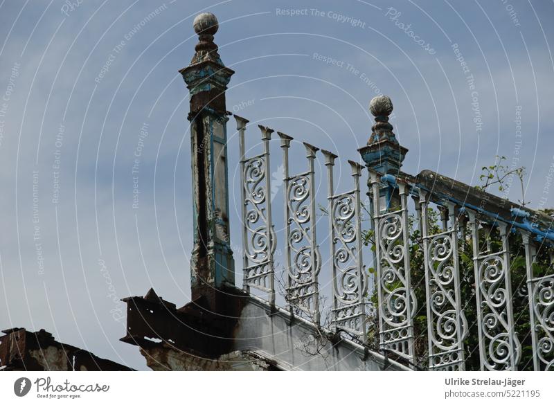 decayed staircase ends in heaven Stairs rail Banister Metal Ornate Derelict corroded Upward Go up Architecture Historic pier Sky Flake off flaking paint Access