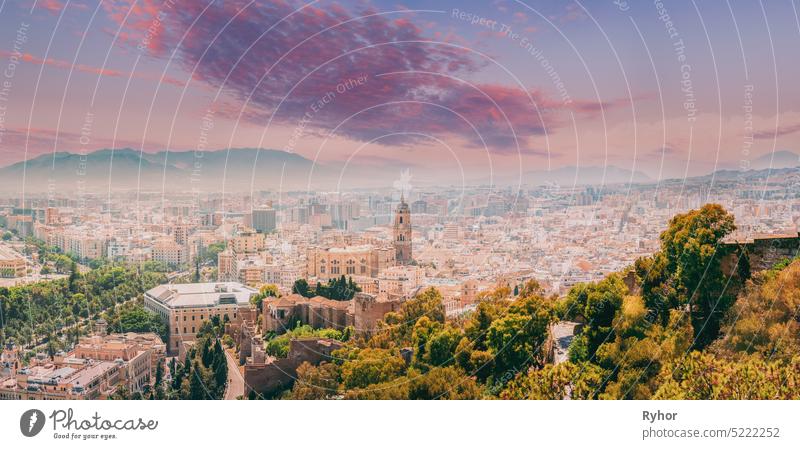 Malaga, Spain. Cityscape Topped View Of Malaga In Sunny Summer Day mediterranean morning old outdoor panoramic scene sea sol spain spanish street summer sunrise