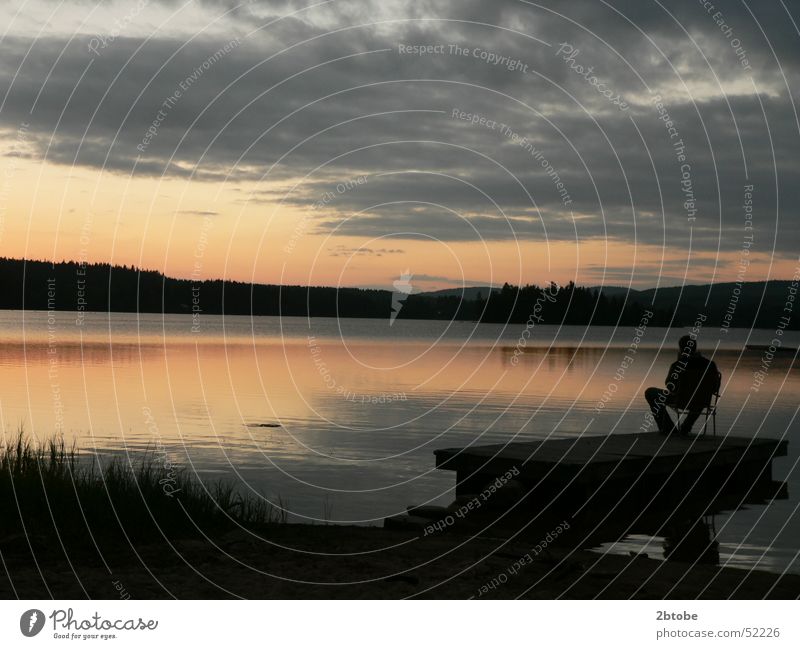 Birthday at Lisjön Loneliness Think Summer evening Lysvik Frykensee Lake Sandy beach Twilight Sunset Reflection Red Gray Footbridge Rafts Camping Fir tree